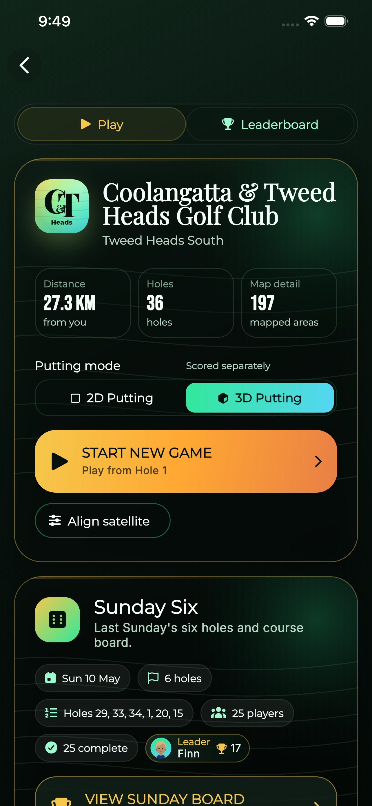 Local Golf course detail screen showing Sunday Six and course options